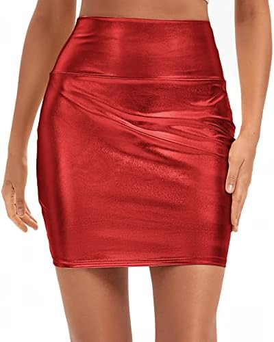 Sexy Bodycon Pencil Skirt Shiny Metalic Liquid Party Tight Hip Mini Skirt, Red