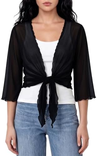 Sheer Bolero Shrug for Evening Dress, Mesh 3/4 Sleeve, Black