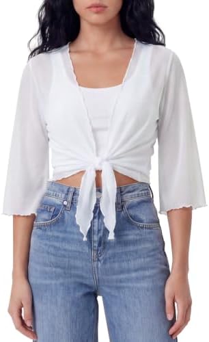 Sheer Bolero Shrug for Evening Dress, Mesh 3/4 Sleeve, White