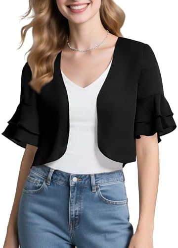 Sheer Chiffon Bolero Shrug Ruffle Short Sleeve Open Front Cropped Cardigan for Dresses, Black