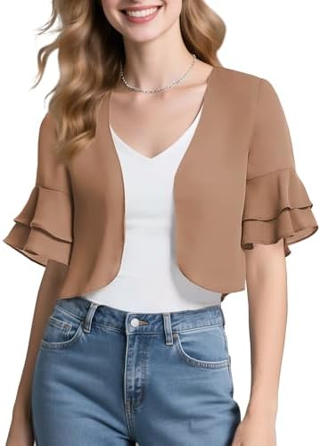 Sheer Chiffon Bolero Shrug Ruffle Short Sleeve Open Front Cropped Cardigan for Dresses, Camel
