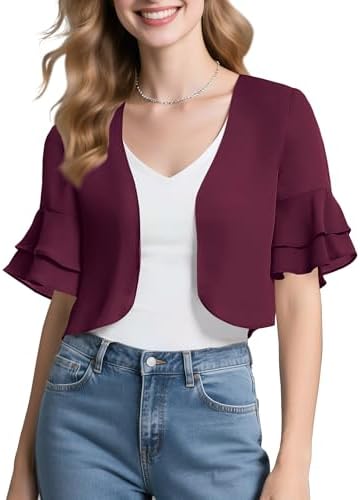 Sheer Chiffon Bolero Shrug Ruffle Short Sleeve Open Front Cropped Cardigan for Dresses, Mulberry