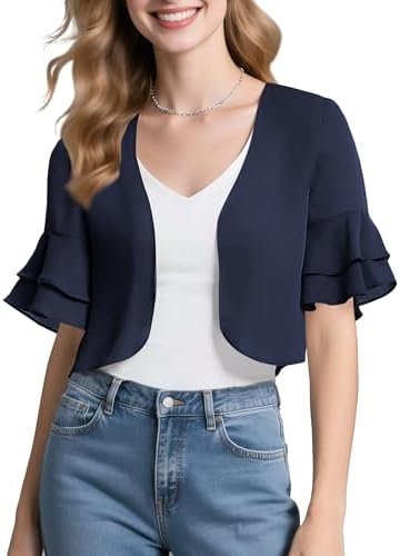 Sheer Chiffon Bolero Shrug Ruffle Short Sleeve Open Front Cropped Cardigan for Dresses, Navy Blue