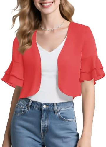 Sheer Chiffon Bolero Shrug Ruffle Short Sleeve Open Front Cropped Cardigan for Dresses, Peach