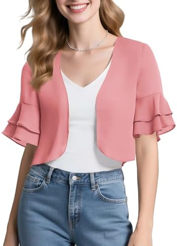 Sheer Chiffon Bolero Shrug Ruffle Short Sleeve Open Front Cropped Cardigan for Dresses, Pink
