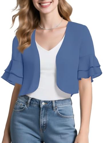 Sheer Chiffon Bolero Shrug Ruffle Short Sleeve Open Front Cropped Cardigan for Dresses