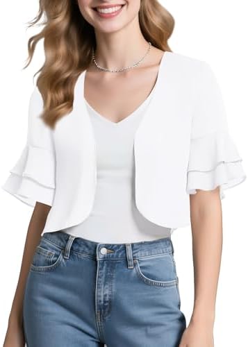 Sheer Chiffon Bolero Shrug Ruffle Short Sleeve Open Front Cropped Cardigan for Dresses, White