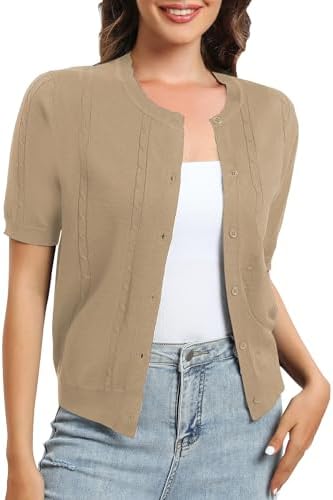 Short Sleeve Round Neck Cropped Cardigan Sweater Lightweight Shrug Sweaters for Women, Apricot