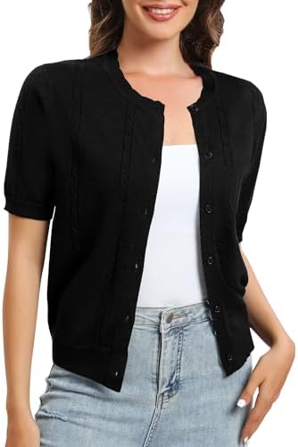 Short Sleeve Round Neck Cropped Cardigan Sweater Lightweight Shrug Sweaters for Women, Black