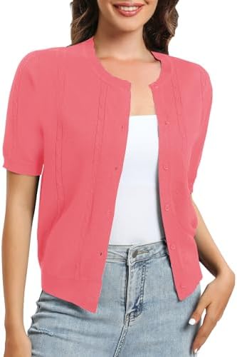 Short Sleeve Round Neck Cropped Cardigan Sweater Lightweight Shrug Sweaters for Women, Coral