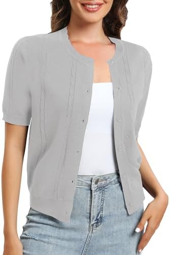Short Sleeve Round Neck Cropped Cardigan Sweater Lightweight Shrug Sweaters for Women, Light Gray