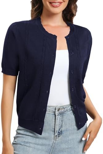 Short Sleeve Round Neck Cropped Cardigan Sweater Lightweight Shrug Sweaters for Women, Navy Blue