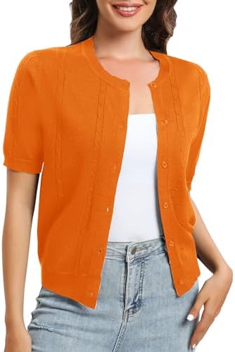 Short Sleeve Round Neck Cropped Cardigan Sweater Lightweight Shrug Sweaters for Women, Orange