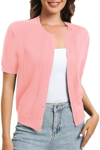 Short Sleeve Round Neck Cropped Cardigan Sweater Lightweight Shrug Sweaters for Women, Pink