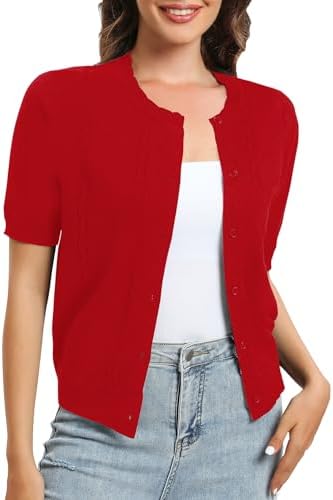 Short Sleeve Round Neck Cropped Cardigan Sweater Lightweight Shrug Sweaters for Women, Red