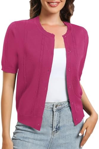 Short Sleeve Round Neck Cropped Cardigan Sweater Lightweight Shrug Sweaters for Women, Rose