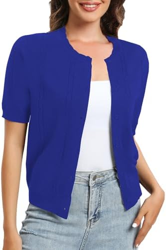 Short Sleeve Round Neck Cropped Cardigan Sweater Lightweight Shrug Sweaters for Women, Royal Blue