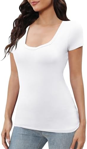 Short Sleeve Slim Fitted T Shirt Square Neck Stretchy Basic Tops Tee, White