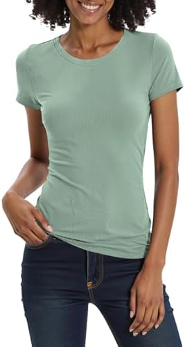 Short Sleeve Slim Fitted T-Shirts Basic Ribbed Casual Summer Tops, Light Green