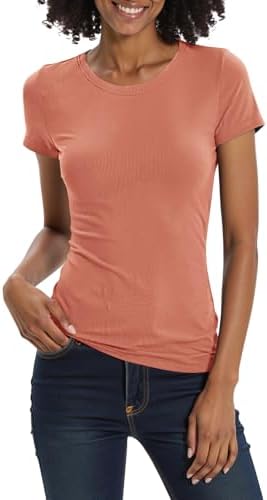 Short Sleeve Slim Fitted T-Shirts Basic Ribbed Casual Summer Tops, Rust