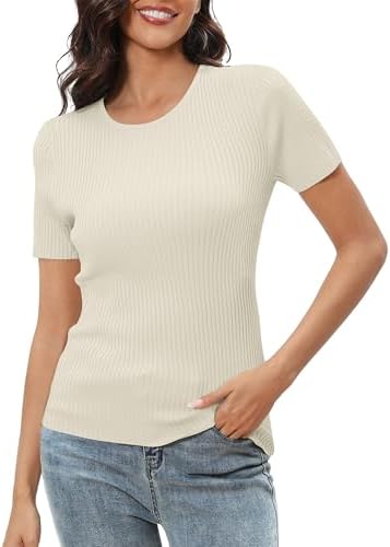 Short Sleeve T Shirts Summer Crewneck Tops Ribbed Knit Slim Fit Shirt Casual Basic Tees Tops, Apricot