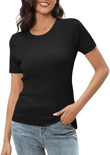 Short Sleeve T Shirts Summer Crewneck Tops Ribbed Knit Slim Fit Shirt Casual Basic Tees Tops