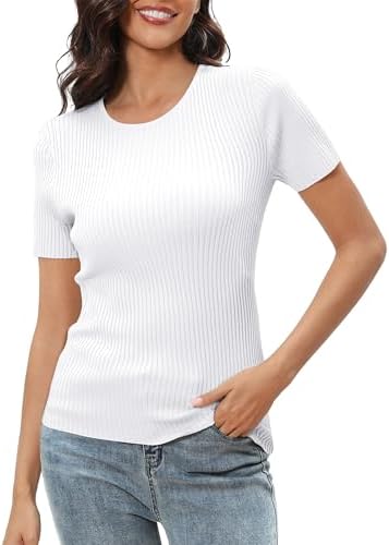 Short Sleeve T Shirts Summer Crewneck Tops Ribbed Knit Slim Fit Shirt Casual Basic Tees Tops, White