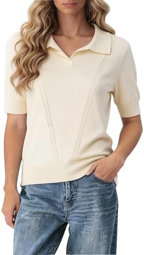 Short Sleeve V-Neck Collared Sweater 2025 Spring Summer Ribbed Knit Tops for Business Casual