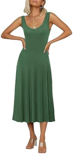 Sleeveless Solid Flared Midi Dress with Pockets, Green
