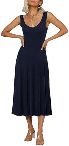 Sleeveless Solid Flared Midi Dress with Pockets, Navy Blue