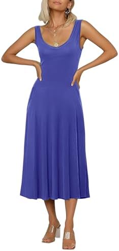 Sleeveless Solid Flared Midi Dress with Pockets, Royal Blue