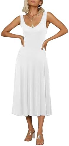 Sleeveless Solid Flared Midi Dress with Pockets, White
