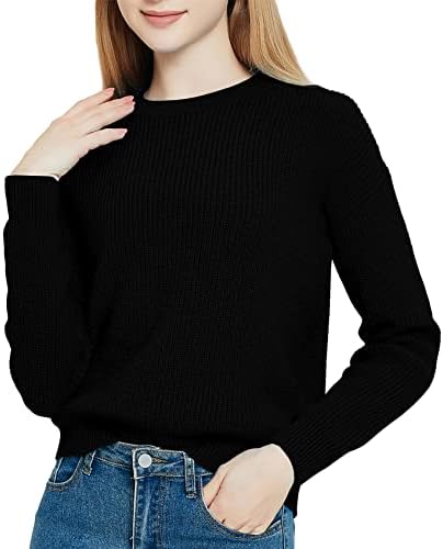 Solid Long Sleeve Crew Neck Knitted Pullover Sweater Tops, Black