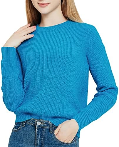 Solid Long Sleeve Crew Neck Knitted Pullover Sweater Tops, Blue