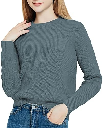 Solid Long Sleeve Crew Neck Knitted Pullover Sweater Tops, Deep Grey