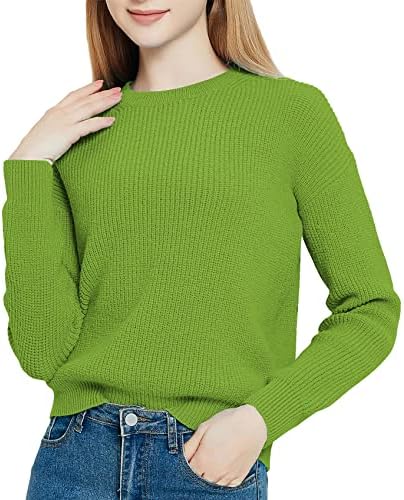 Solid Long Sleeve Crew Neck Knitted Pullover Sweater Tops, Green