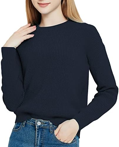 Solid Long Sleeve Crew Neck Knitted Pullover Sweater Tops, Navy Blue