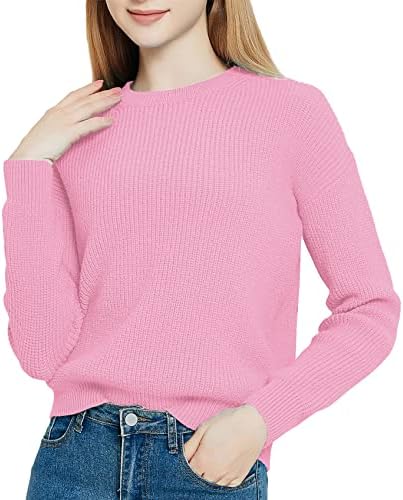 Solid Long Sleeve Crew Neck Knitted Pullover Sweater Tops, Pink