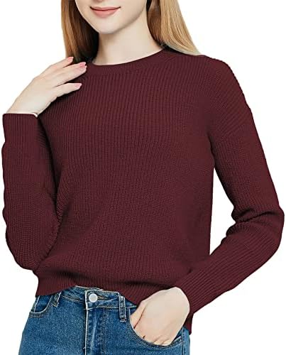 Solid Long Sleeve Crew Neck Knitted Pullover Sweater Tops, Wine Red