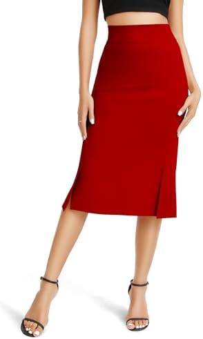 Stretch Office Fishtail Pencil Skirt High Waist Bodycon Midi Skirt with Slit, Red