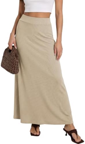 Stretchy A-Line Maxi Skirt Long Skirt with Elastic Waist, Apricot