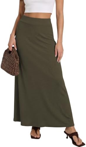 Stretchy A-Line Maxi Skirt Long Skirt with Elastic Waist, Army Green