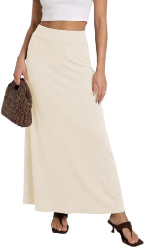Stretchy A-Line Maxi Skirt Long Skirt with Elastic Waist, Beige