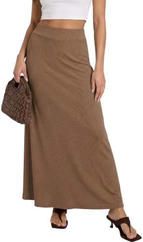 Stretchy A-Line Maxi Skirt Long Skirt with Elastic Waist, Brown