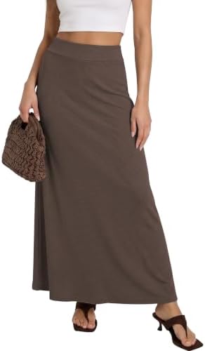 Stretchy A-Line Maxi Skirt Long Skirt with Elastic Waist, Coffee