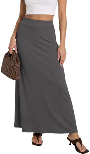 Stretchy A-Line Maxi Skirt Long Skirt with Elastic Waist, Deep Gray