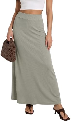 Stretchy A-Line Maxi Skirt Long Skirt with Elastic Waist, Light Gray