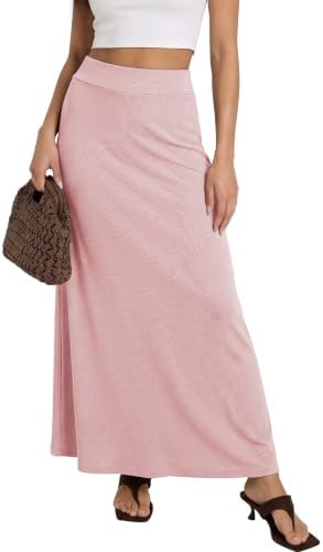 Stretchy A-Line Maxi Skirt Long Skirt with Elastic Waist, Light Pink