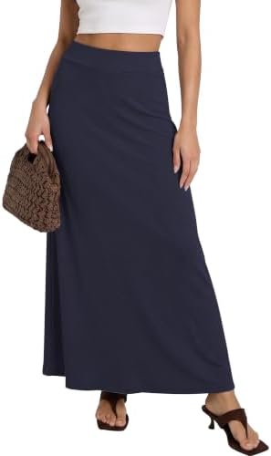 Stretchy A-Line Maxi Skirt Long Skirt with Elastic Waist, Navy Blue