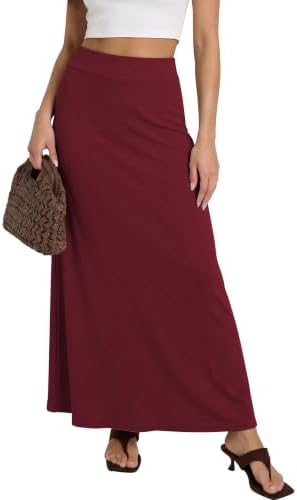 Stretchy A-Line Maxi Skirt Long Skirt with Elastic Waist, Wine Red